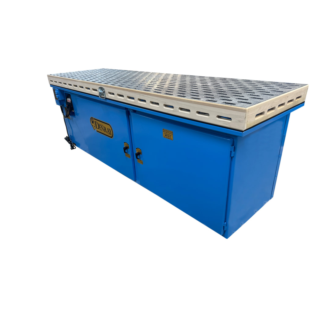 Denray 2896 Tube Filtration industrial downdraft workstation featuring a spacious sanding surface, heavy-duty steel construction, and high-efficiency tube filtration for wood dust control.