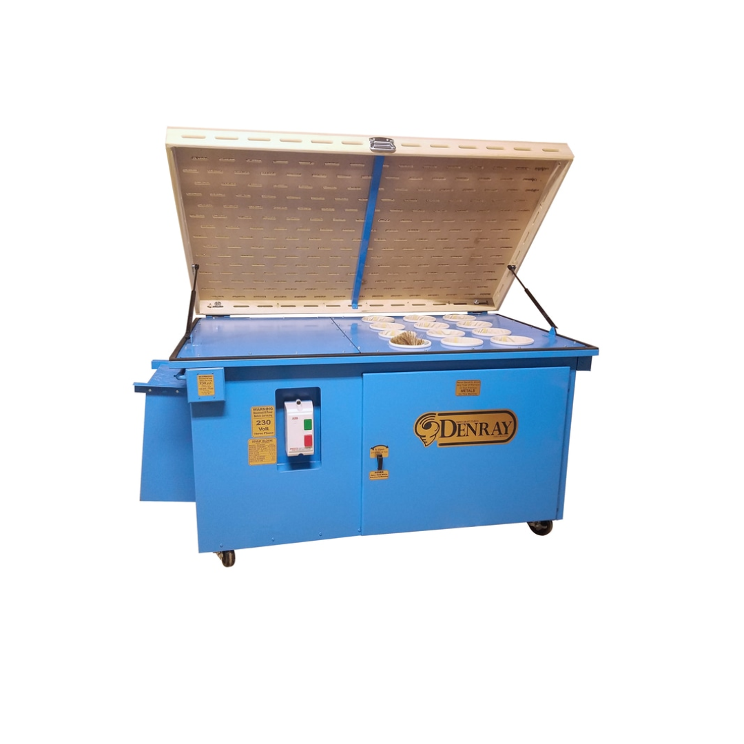 Denray 3660 Tube Filtration dust collection workstation shown with hinged access lid open, revealing the internal tube filtration chamber and filter cleaning system for wood dust extraction.