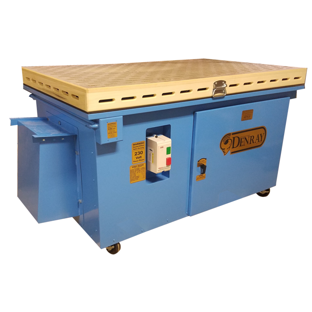 Denray 3660 Tube Filtration industrial downdraft table featuring durable steel construction, integrated dust collection controls, mobile caster base, and advanced filtration technology for sanding operations.