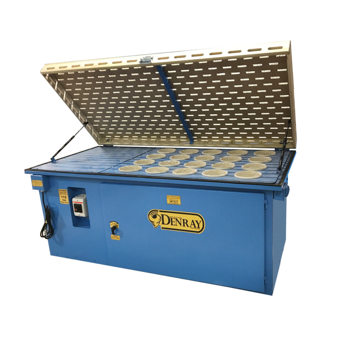 Denray 3672 Tube Filtration downdraft sanding station shown with hinged top open, displaying the internal filtration chamber and dust collection components for efficient airborne dust control.