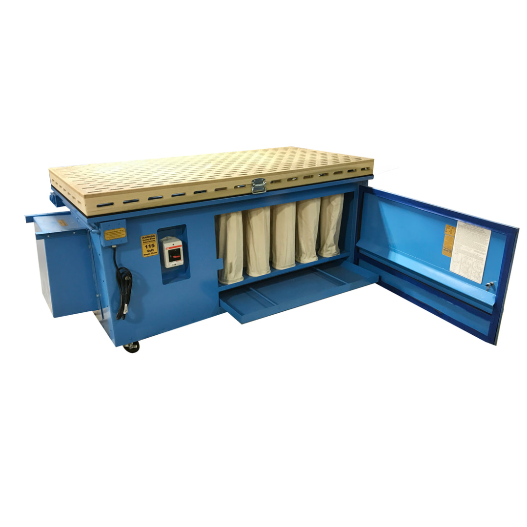 Denray 3672 Tube Filtration downdraft sanding table with access panel open, revealing high-efficiency tube filtration system designed for industrial wood dust collection and air filtration.