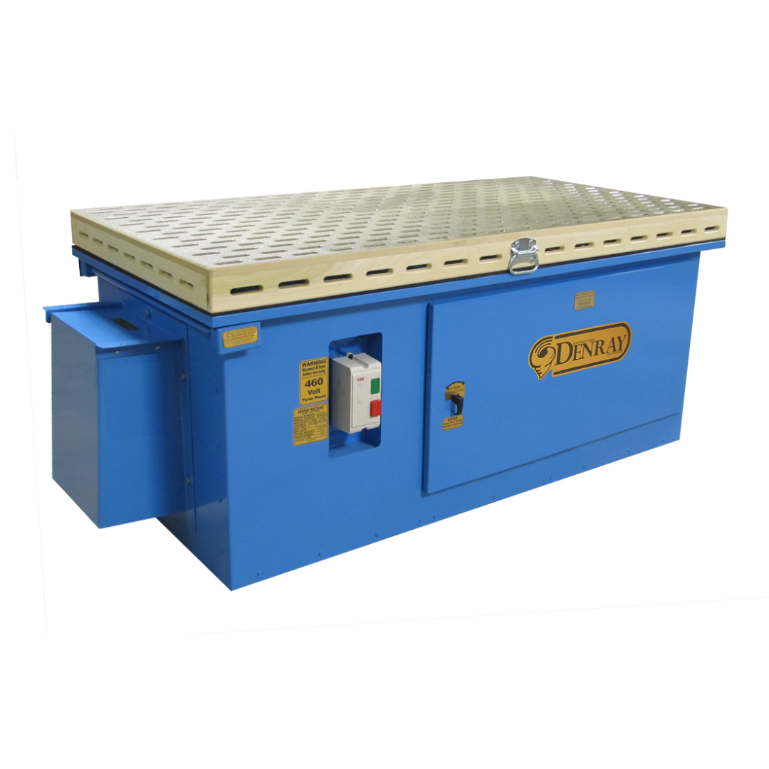 Denray 3672 Tube Filtration industrial downdraft workstation featuring a large perforated work surface, heavy-duty steel construction, and integrated dust extraction system for woodworking applications.