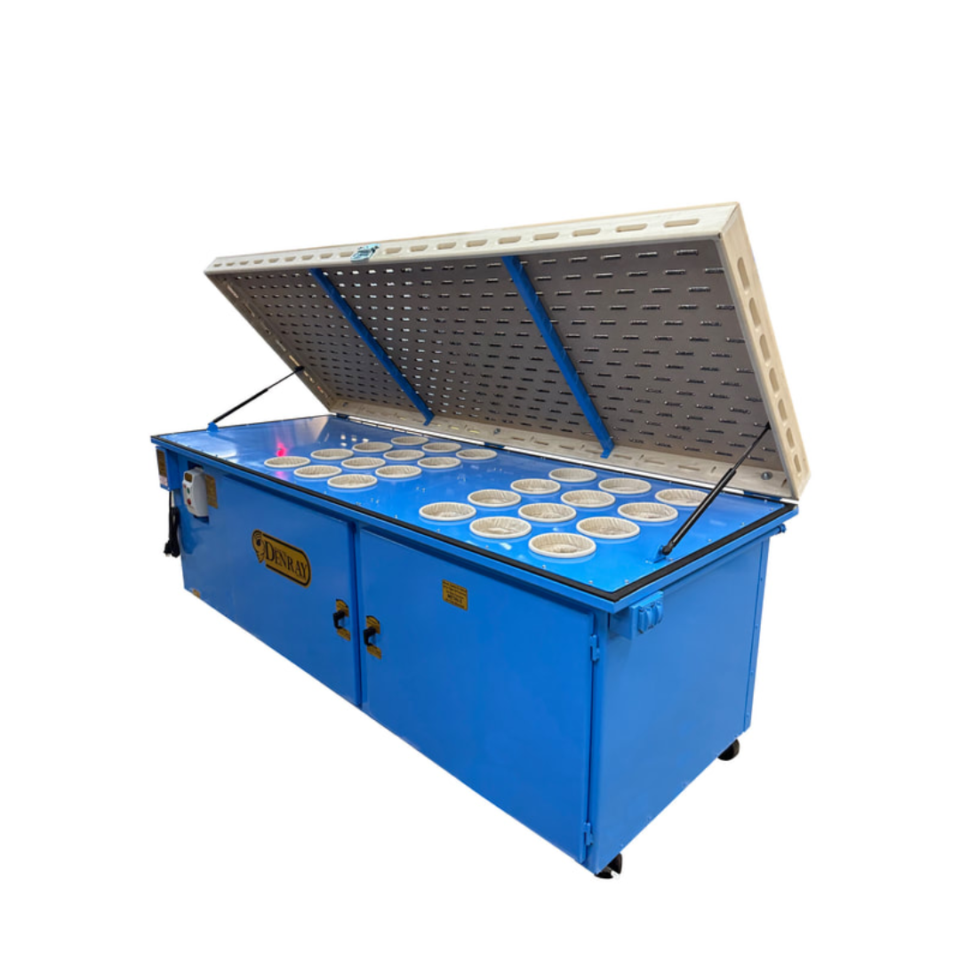Denray 3696 Tube Filtration downdraft sanding station shown with hinged access lid open, revealing the internal tube filters and dust collection chamber for efficient particulate capture.