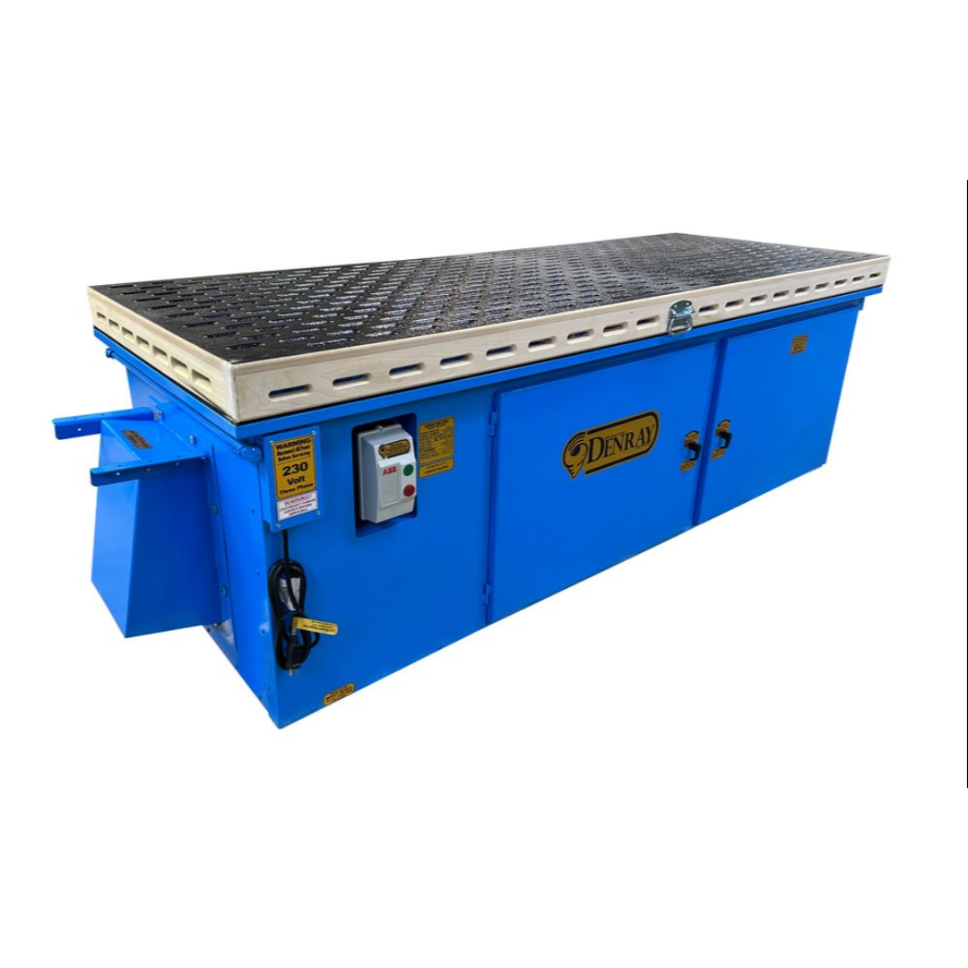 Denray 3696 Tube Filtration downdraft sanding table with extra-large perforated work surface, advanced tube filtration system, and industrial dust collection designed for woodworking and airborne dust control applications.