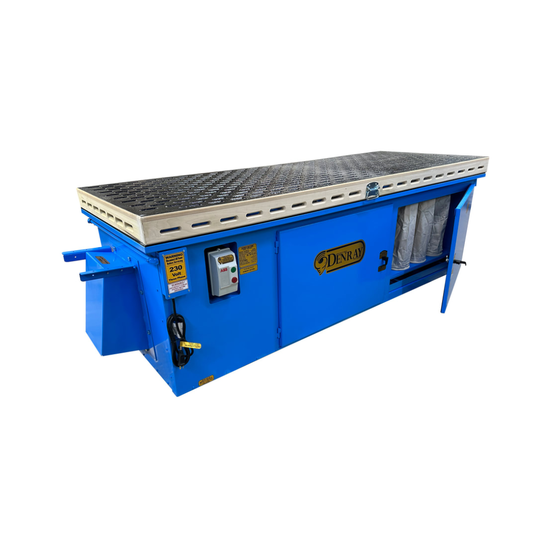 Denray 3696 Tube Filtration industrial downdraft workstation featuring a spacious sanding surface, integrated power receptacles, heavy-duty steel construction, and high-efficiency dust extraction technology.