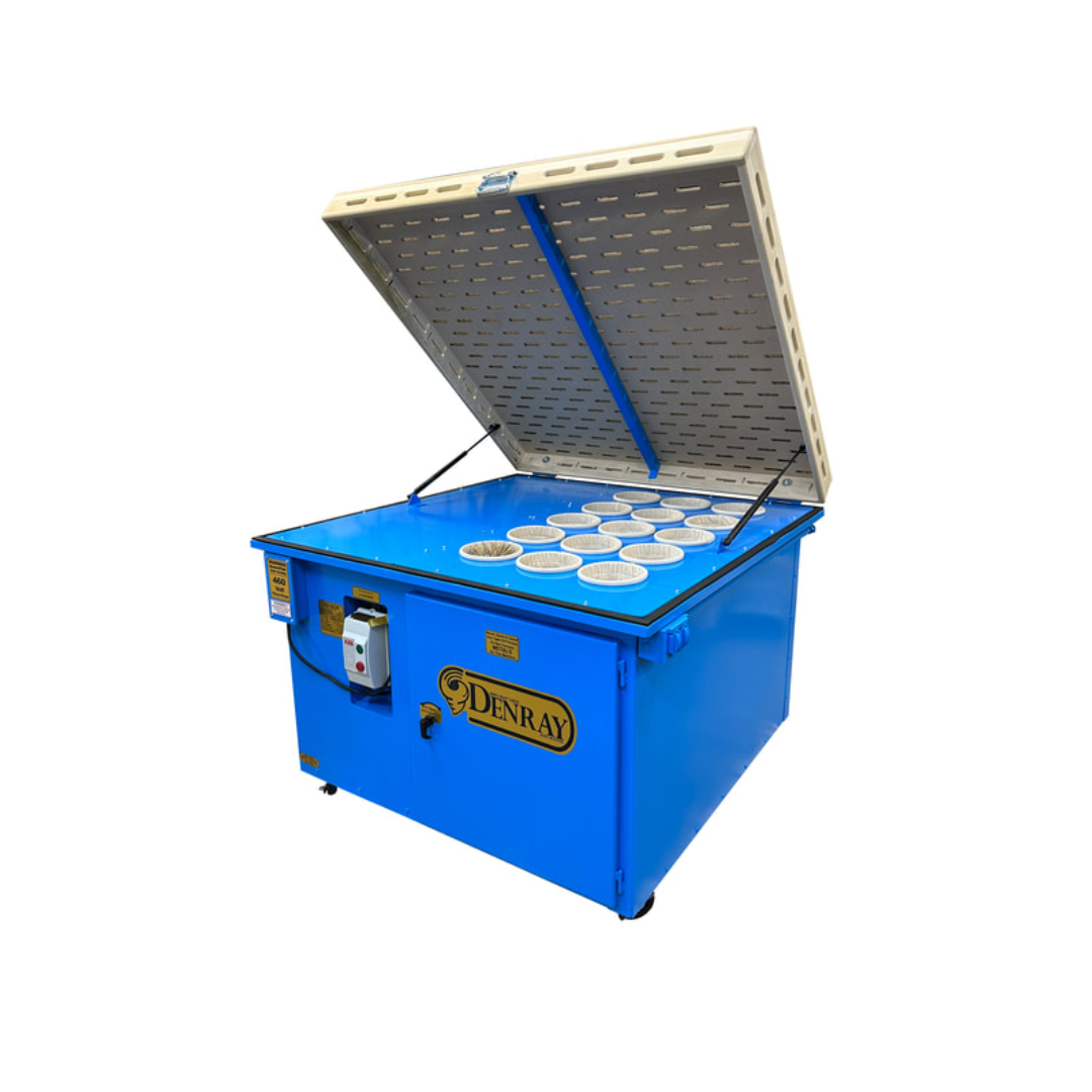 Denray 4800 Tube Filtration dust collection workstation shown with hinged top open, revealing the internal tube filtration chamber and dust extraction components for advanced airborne particulate control.