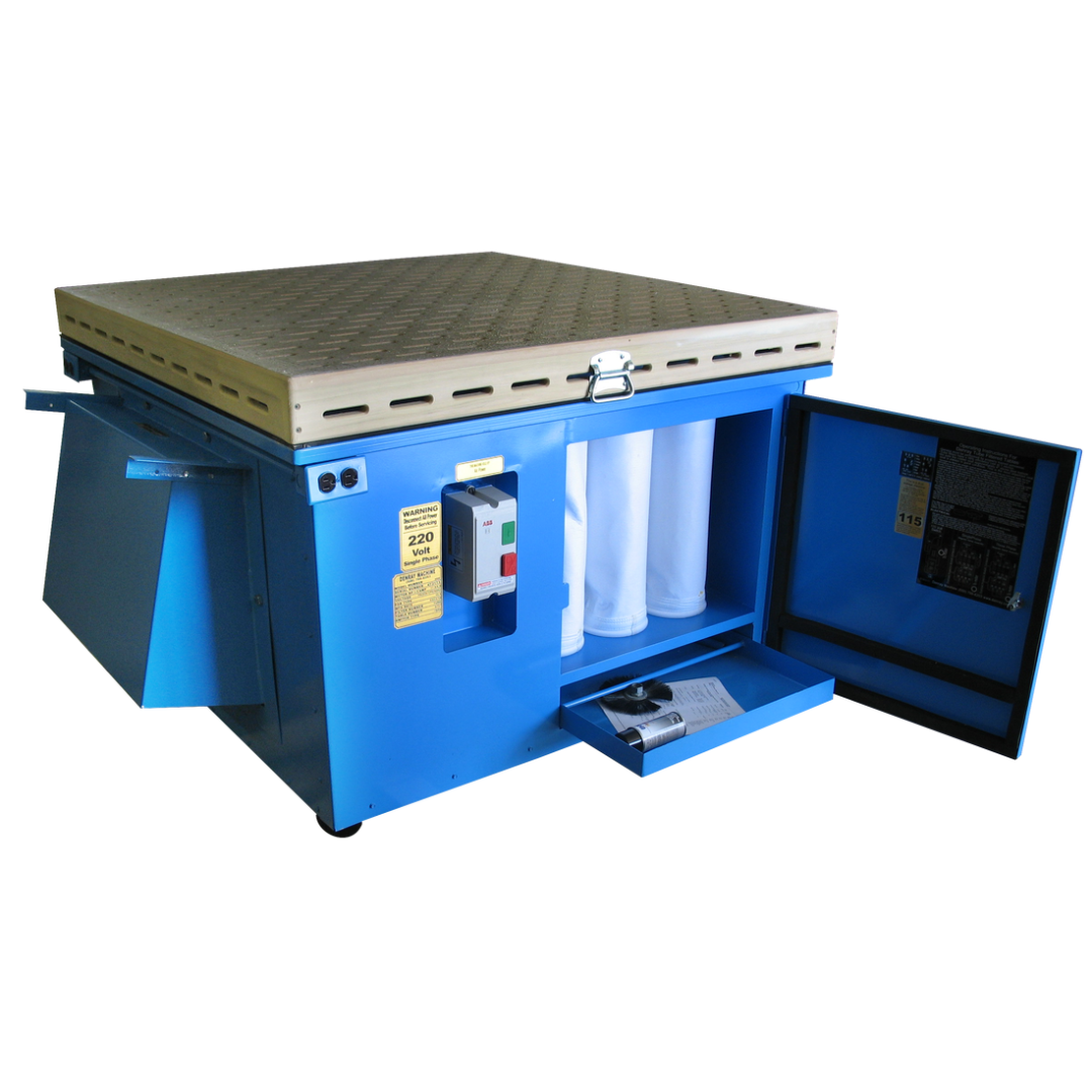 Denray 4800 Tube Filtration industrial downdraft table with open access panel, integrated filtration system, durable cabinet design, and powerful airflow technology for woodworking applications.