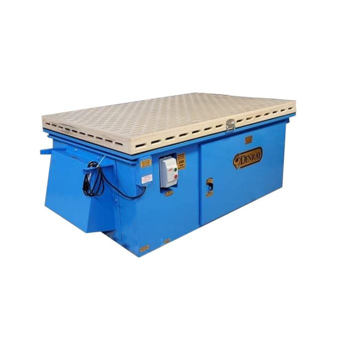 Denray 7200 Tube Filtration downdraft sanding table with extra-large perforated work surface, industrial tube filtration system, and high-capacity dust collection designed for woodworking applications.
