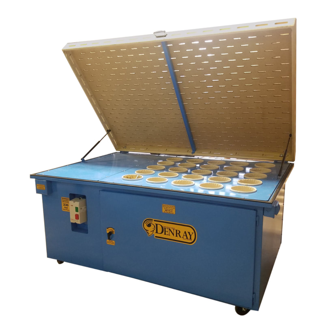 Denray 7200 Tube Filtration dust collection table shown with hinged top open, revealing the internal tube filtration system and dust capture chamber for efficient airborne particle control.