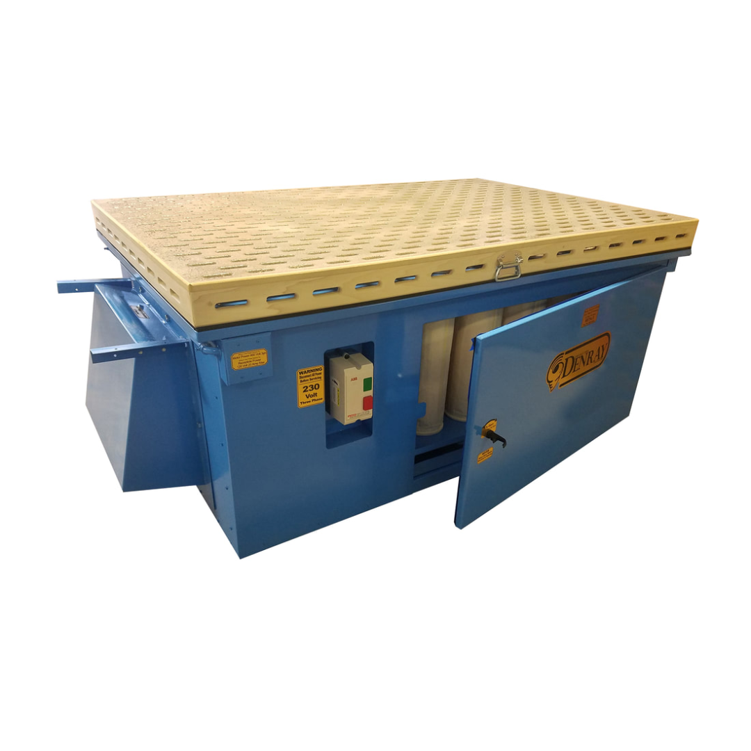 Denray 7200 Tube Filtration industrial downdraft workstation featuring a spacious sanding surface, heavy-duty steel construction, integrated power controls, and advanced wood dust extraction technology.