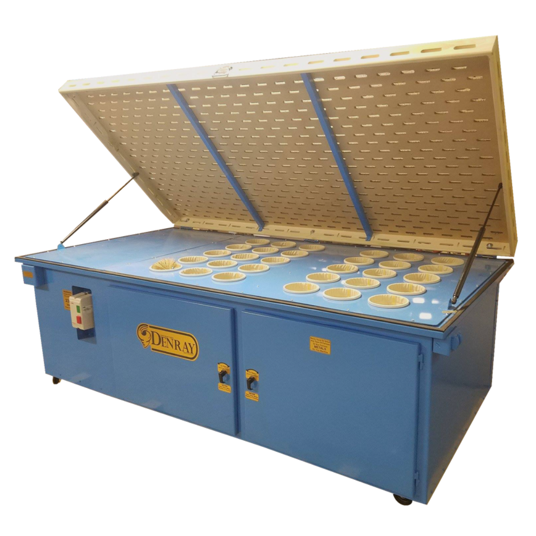 Denray 9600 Tube Filtration downdraft sanding station shown with hinged access lid open, revealing the internal tube filtration chamber and dust collection components for advanced airborne particulate control.