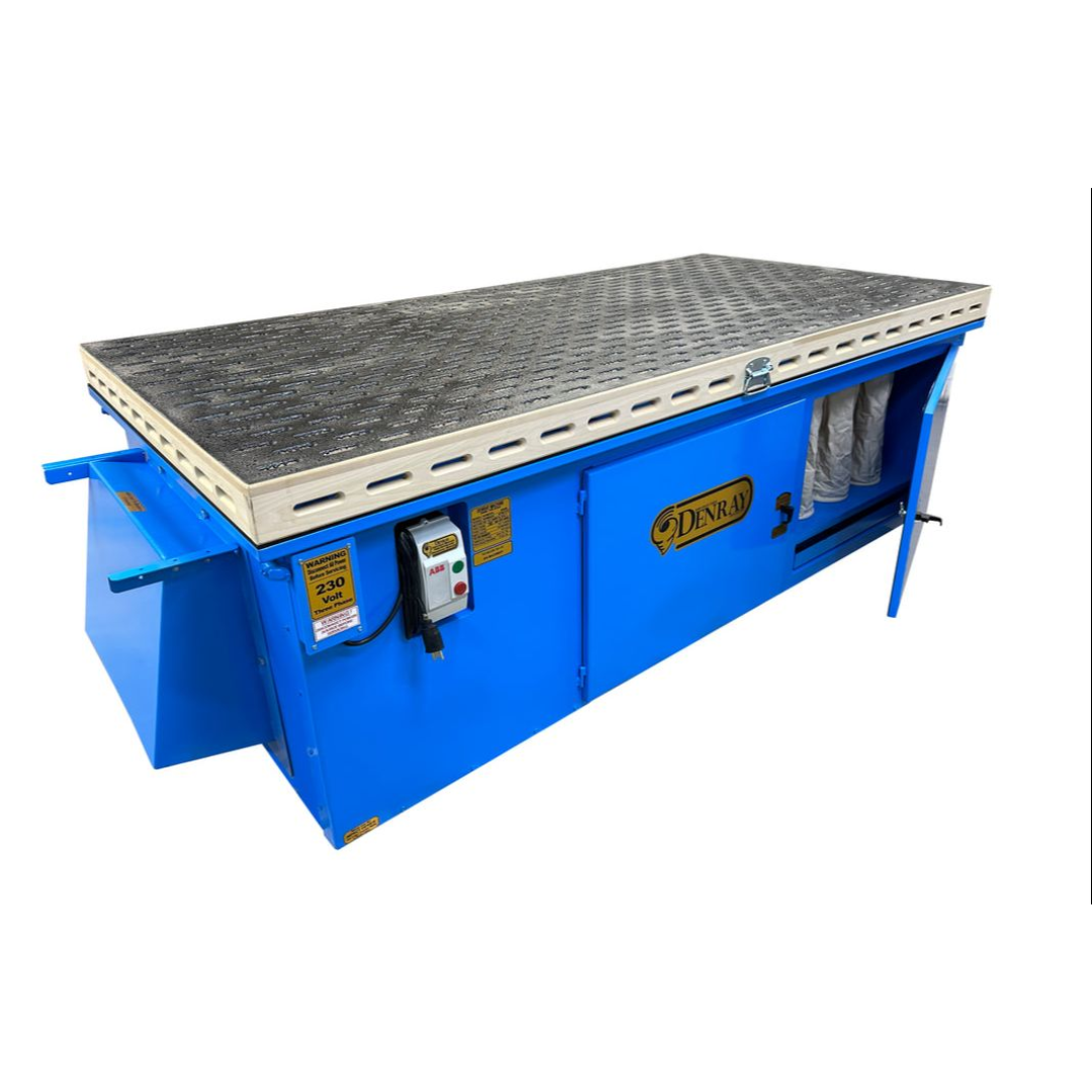 Denray 9600 Tube Filtration downdraft sanding table with extra-large industrial work surface, advanced tube filtration system, and high-capacity dust collection designed for large woodworking applications.