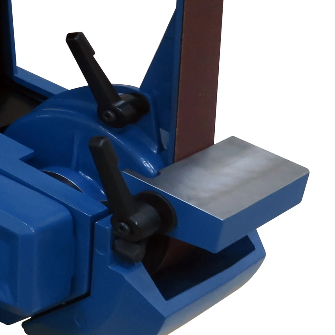 Detail image of the Baileigh 2" Single Speed Belt Grinder BG-248S 1227893 work rest and grinding area designed for controlled material removal and precision finishing operations.