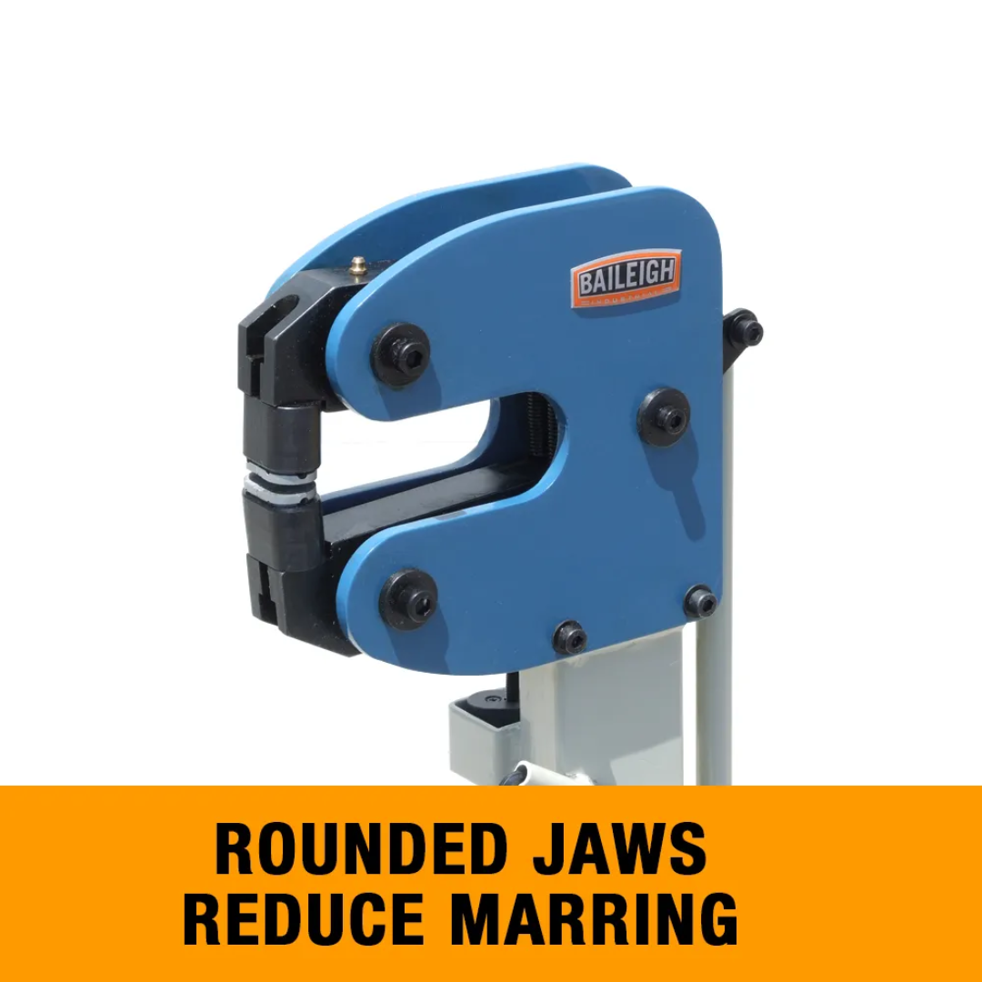Detail of the Baileigh Metal Shrinker Stretcher (MSS-16F) 1005710 rounded forming jaws designed to minimize material marring while producing smooth, accurate bends and contours.