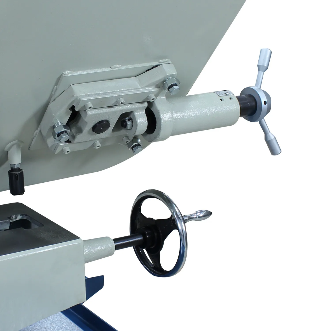 Detail of the manual vise adjustment handwheel on the Baileigh Metal Cutting Bandsaw - BS-330M 1001517 displaying the precision workholding mechanism for accurate positioning and repeatable metal cutting.