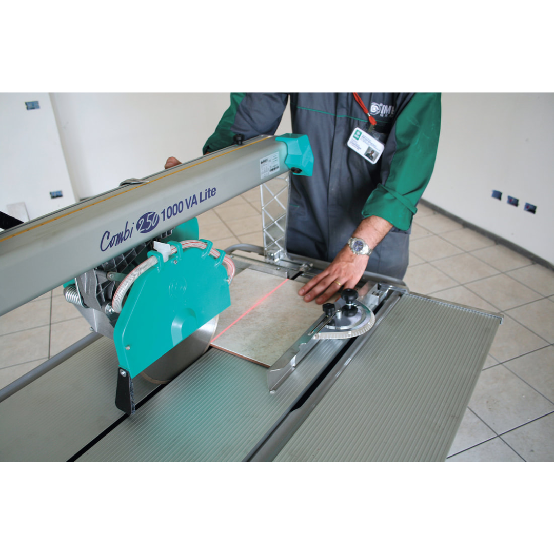 Detailed cutting guide and rail system on the IMER COMBICUT 250/1000 overhead rail saw engineered for smooth precision cuts and professional miter applications