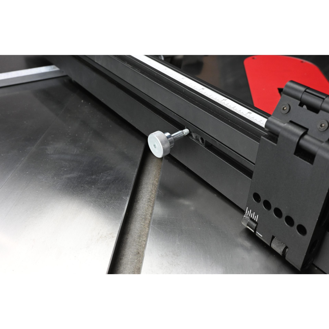 Detailed image of the SawStop Revolution Miter Gauge Systainer TSA-RMG-SYS fence and guide assembly highlighting robust construction and fine-tuning capabilities.