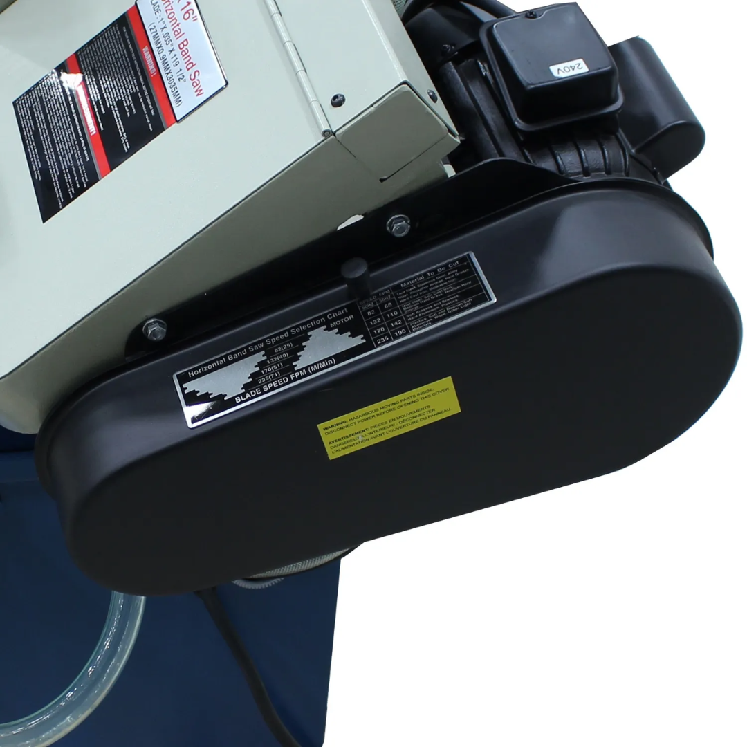 Detailed image of the blade drive and wheel housing assembly on the Baileigh Horizontal Band Saw - BS-916M 1001740 engineered for smooth blade tracking and reliable cutting performance.