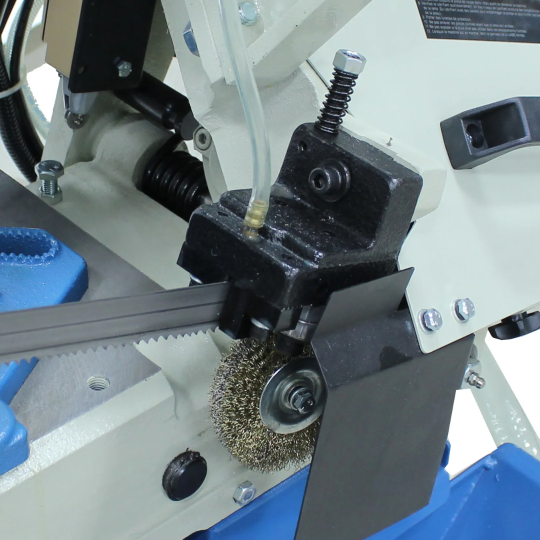 Detailed image of the blade guide assembly on the Baileigh Horizontal Band Saw - BS-916M 1001740 designed to maintain blade stability and cutting accuracy.