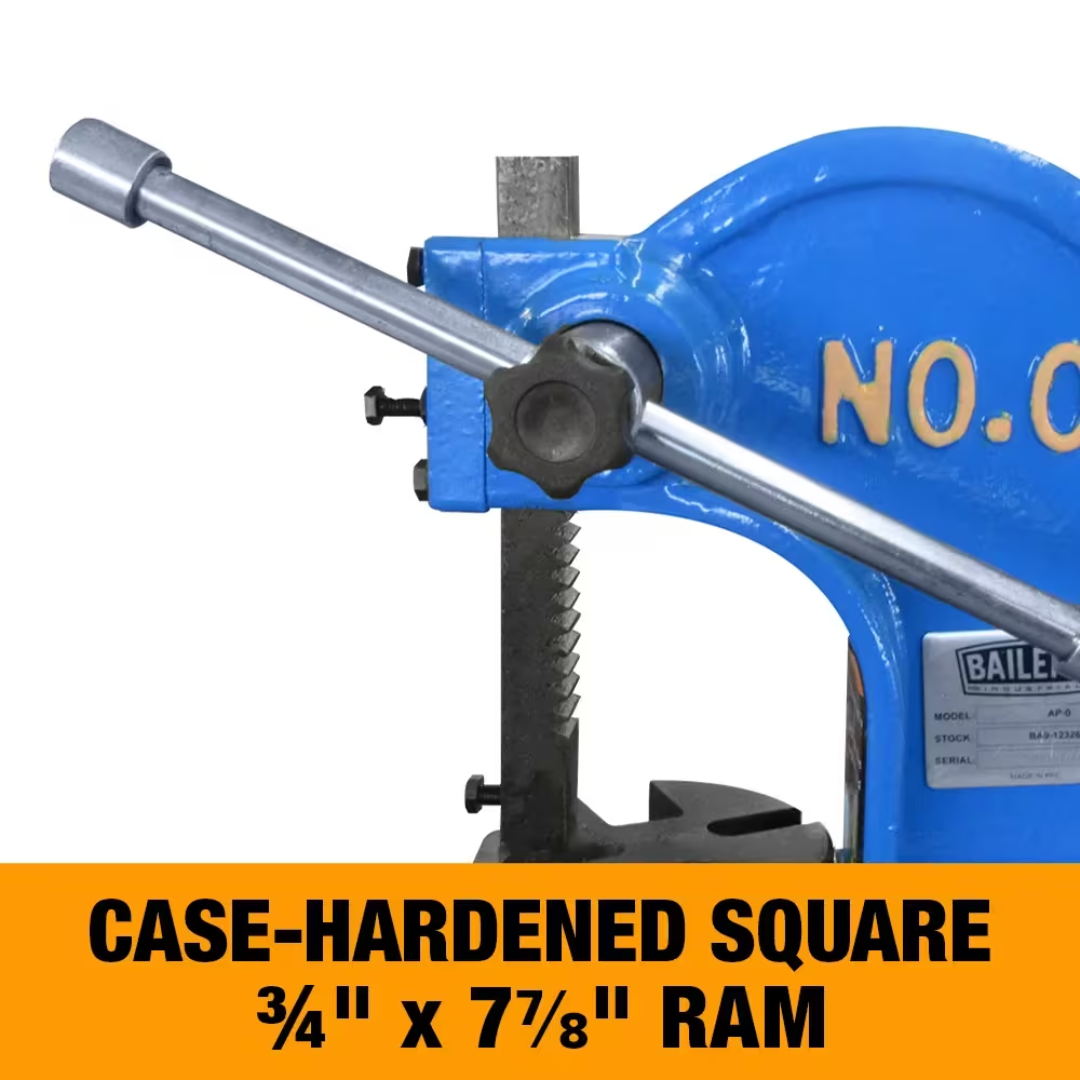 Detailed image of the case-hardened square ram on the Baileigh AP-0 - 1/2-Ton Arbor Press 1232697 engineered for accurate force application and long-term durability.