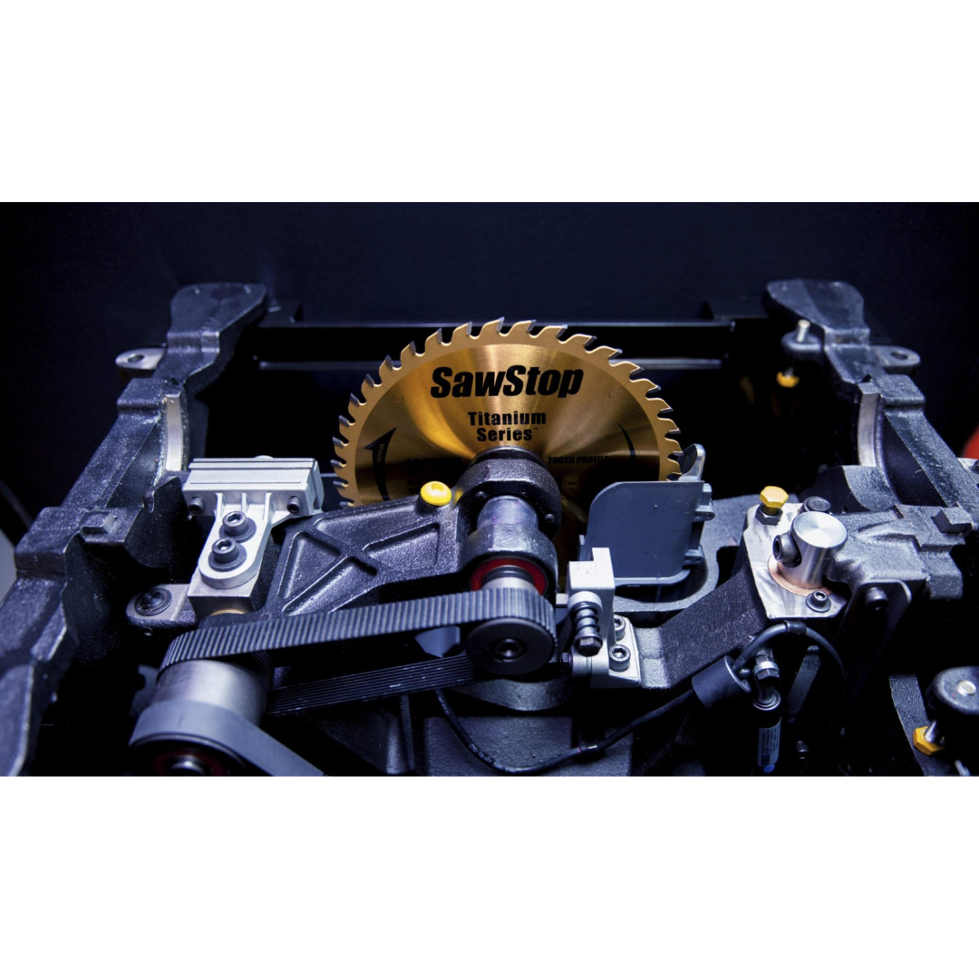 Detailed internal view of the SawStop Industrial Cabinet Saw drive system and heavy-duty mechanical components engineered for continuous professional use.