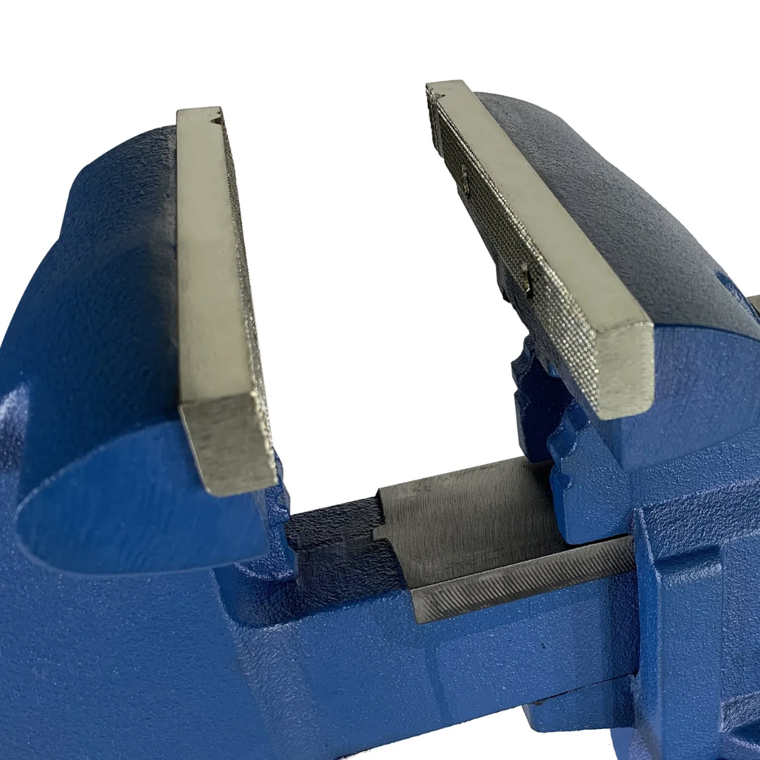 Detailed jaw view of Baileigh Bench Vise with 5-1/2-inch jaw width and 6-inch opening capacity, providing secure gripping for metalworking and maintenance tasks.