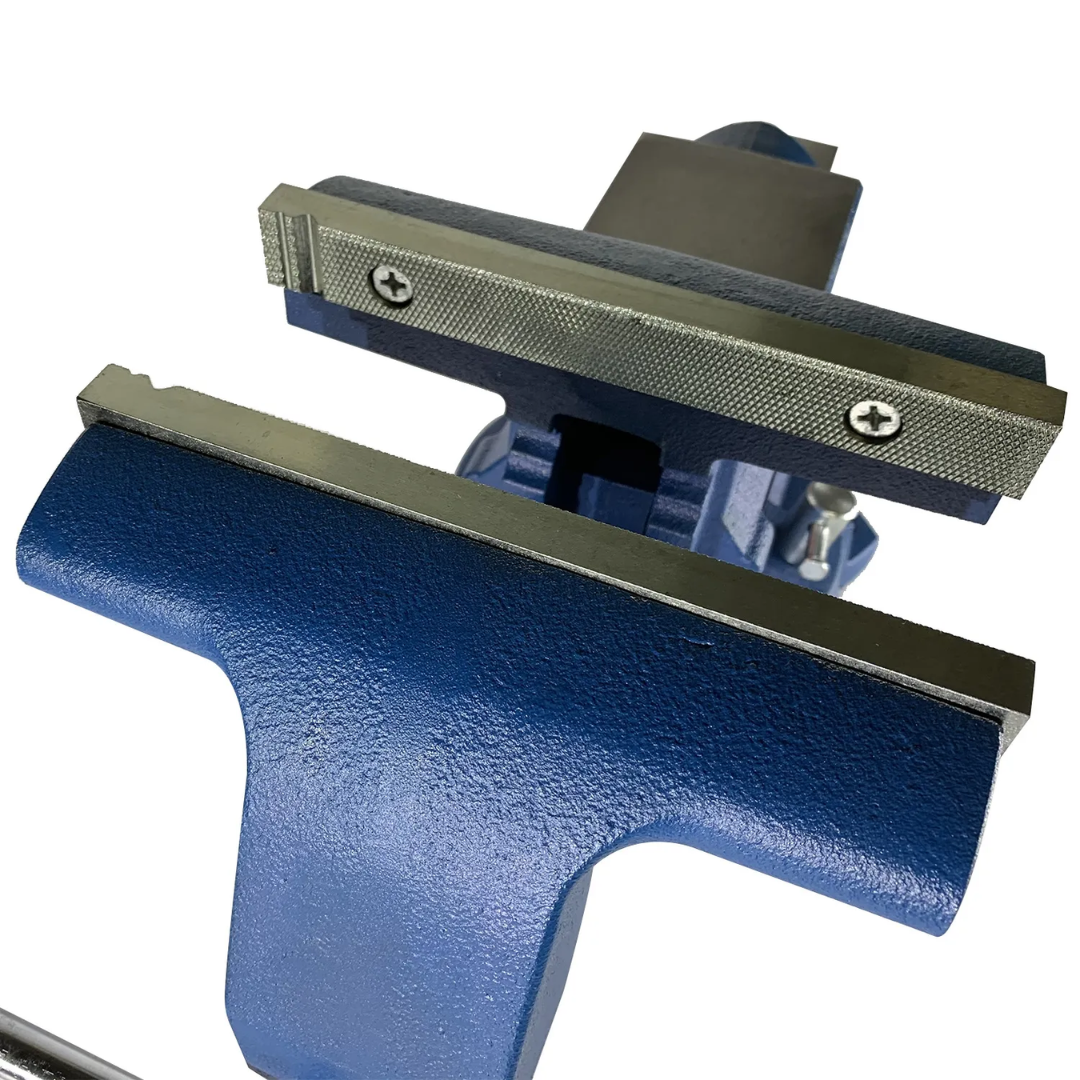 Detailed jaw view of Baileigh Bench Vise with 8-inch jaw width, 9-inch jaw opening, and 4-inch throat depth showcasing hardened clamping surfaces designed for secure gripping and reliable workholding.