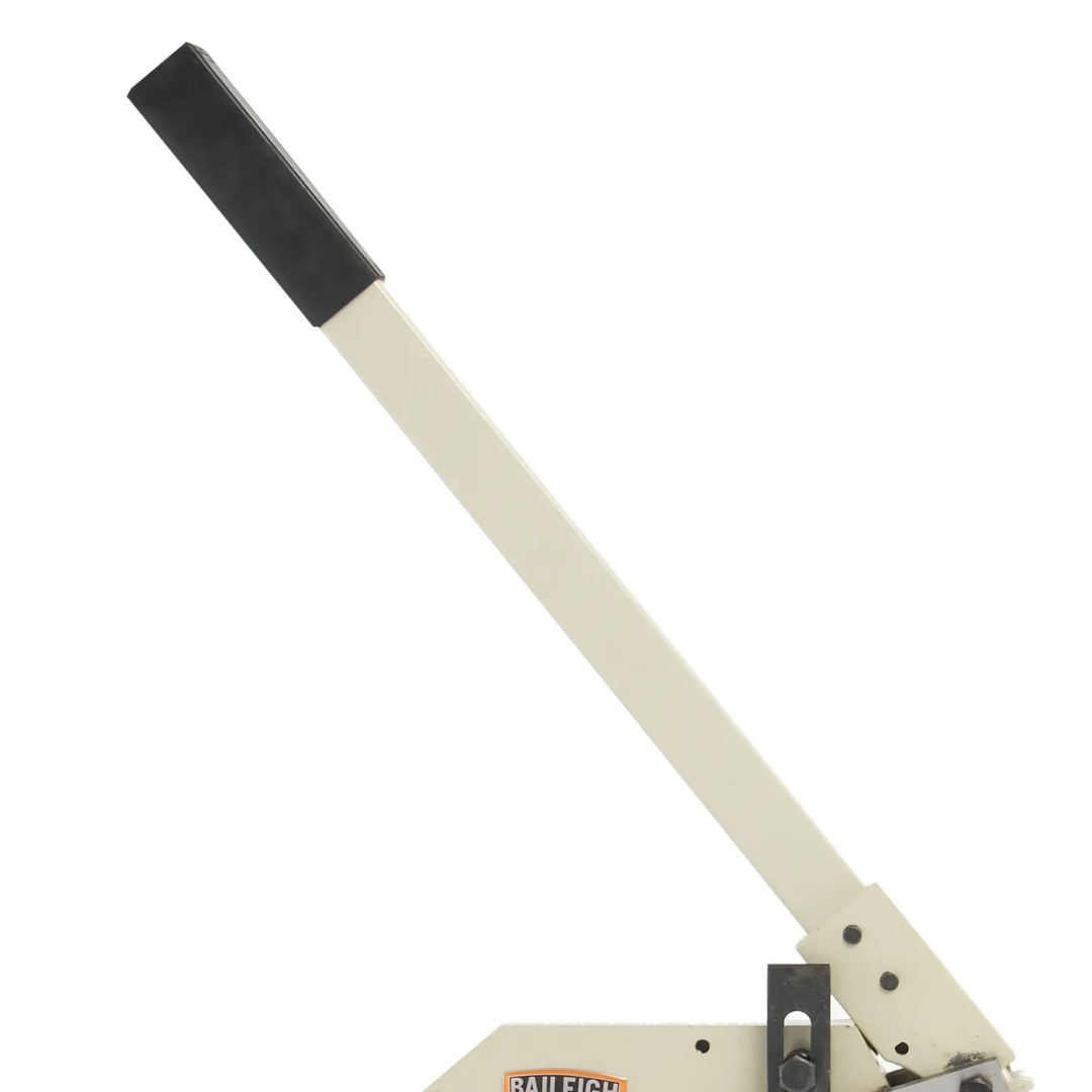 Detailed view of Baileigh Bench Mounted Multi-Purpose Manual Sheet Metal Shear - (MPS-8G) 1005690 extended manual operating handle providing leverage for efficient metal cutting operations.