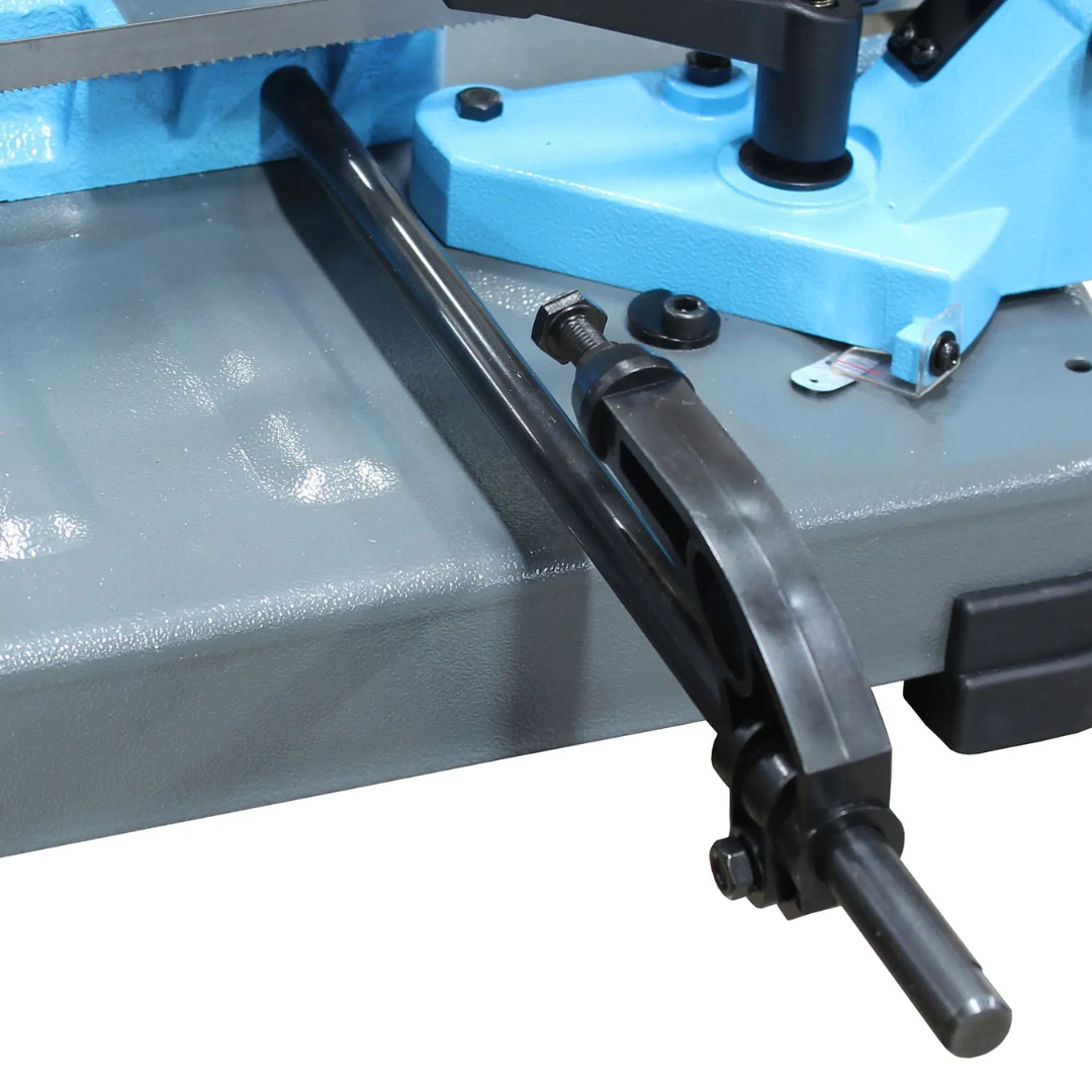 Detailed view of Baileigh Portable Variable-Speed Metal-Cutting Bandsaw (BS-127P) 1018561 feed control mechanism engineered for smooth cutting performance and operator precision.