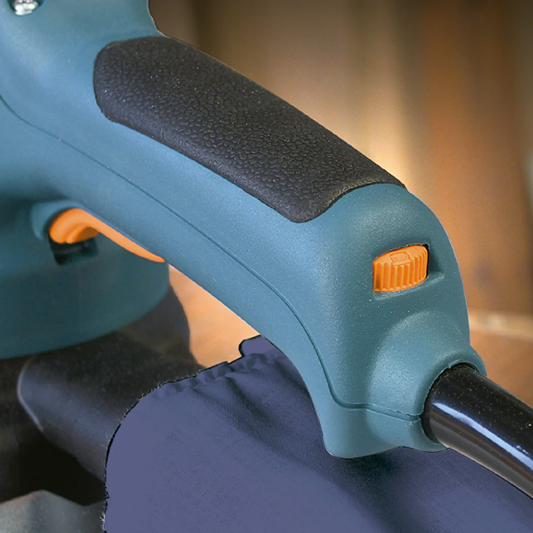 Detailed view of Virutex LRE46L Orbital Sander (120 V) handle design for comfortable grip and control