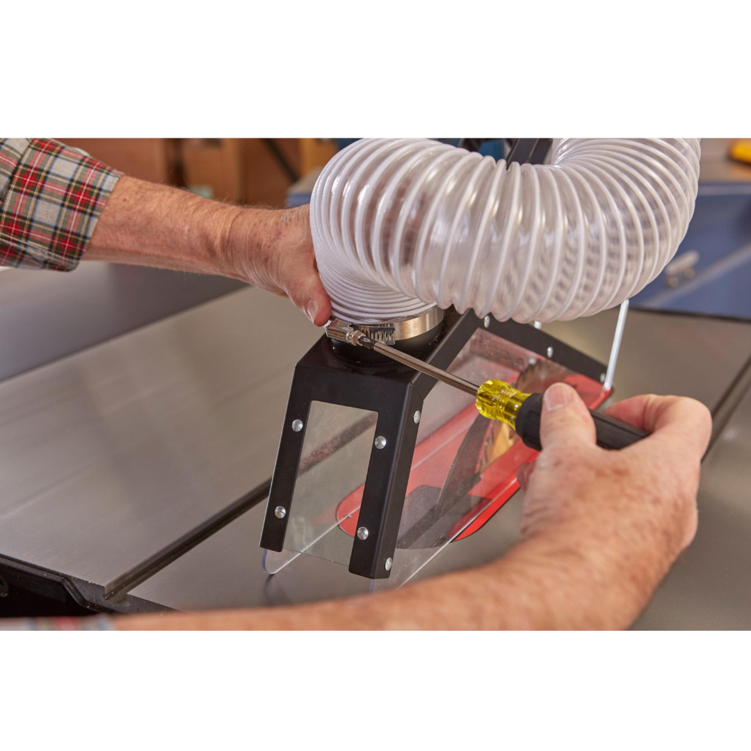 Detailed view of the SawStop Floating Overarm Dust Collection TSG-FDC hose connection and overhead dust collection system installation.