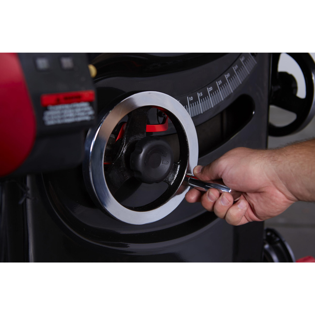 Detailed view of the SawStop Professional Cabinet Saw control wheel and cabinet-mounted adjustment mechanism.