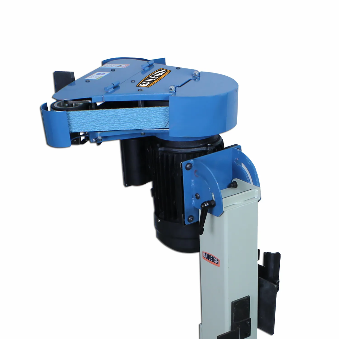 Detailed view of the adjustable work rest on the Baileigh Belt Grinder - BG-248-3 1000655 providing stable material support for accurate grinding and finishing tasks.