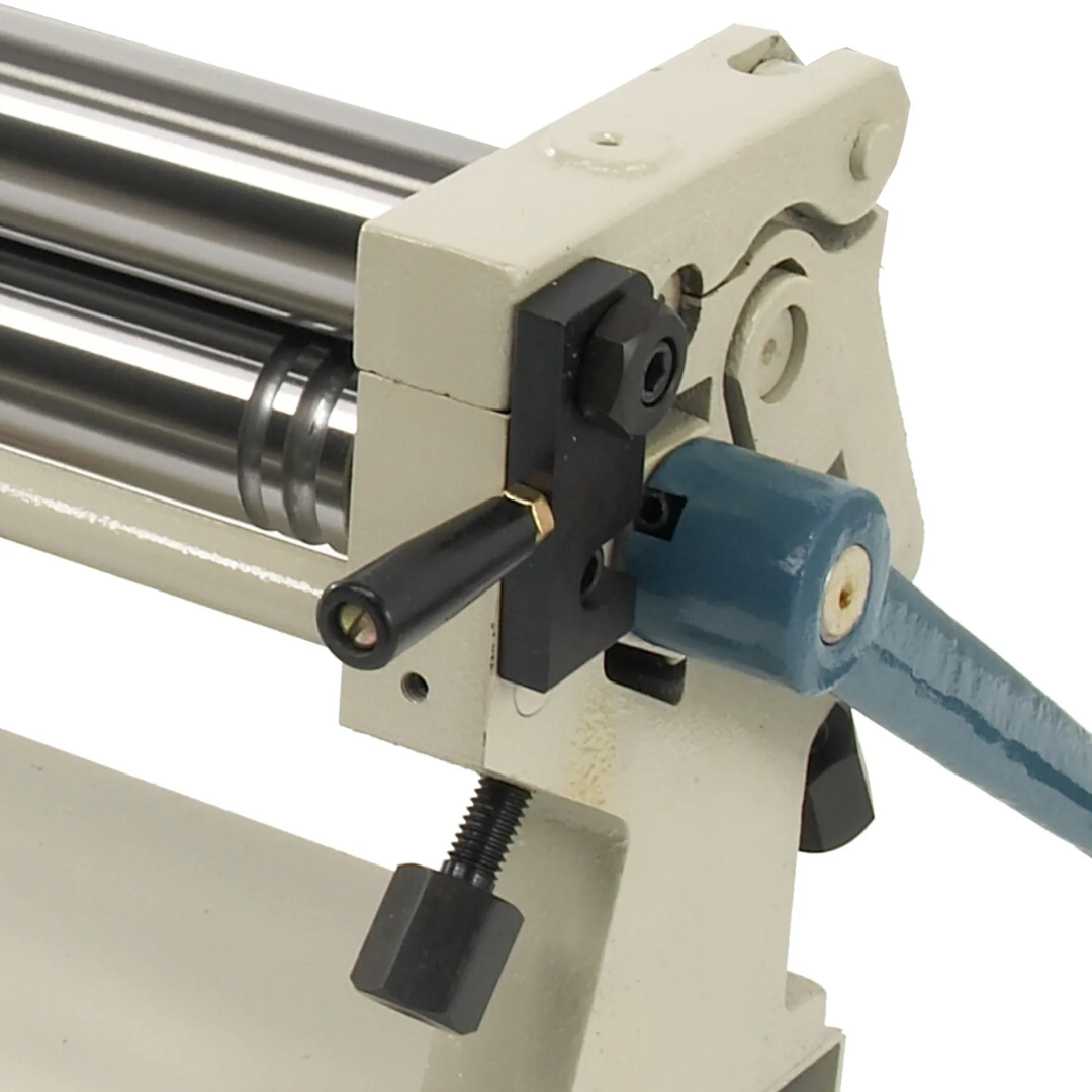 Detailed view of the adjustment handle system on the Baileigh Manual Slip Roll Machine - (SR-2420M) 1007297 for precise control of rolling pressure and material curvature.