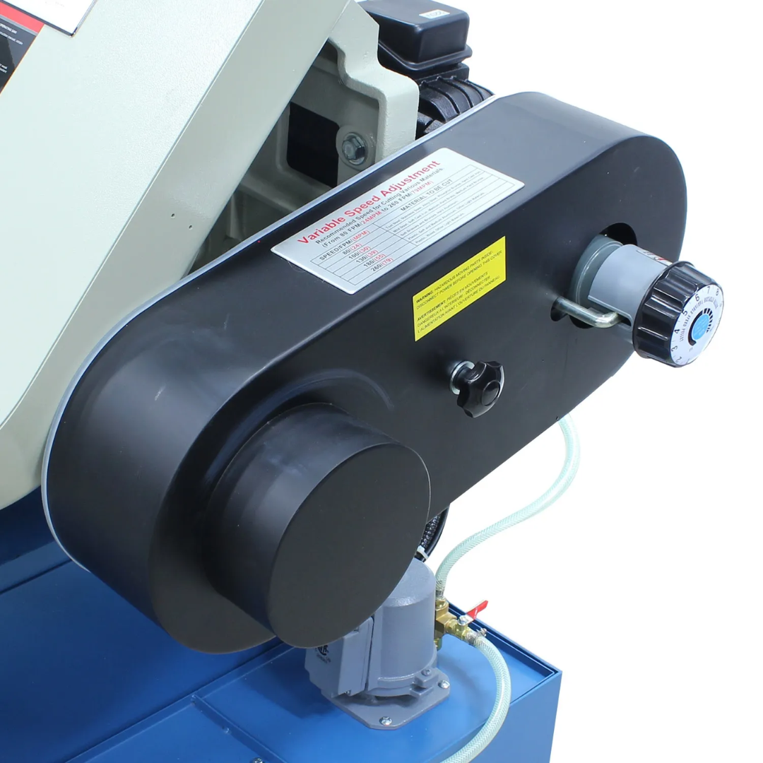 Detailed view of the drive wheel housing on the Baileigh Metal Cutting Bandsaw - BS-330M 1001517 displaying the industrial band wheel assembly and blade drive system for reliable cutting performance.