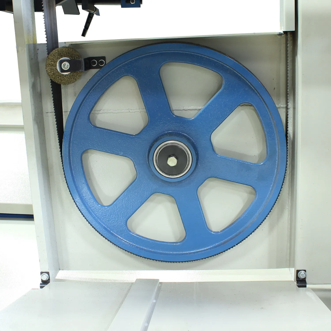 Detailed view of the large band wheels on the Baileigh 18-Inch Vertical Tilt Frame Bandsaw, 220V 3Ph (BSVT-18P) 1226643 engineered for smooth blade tracking, consistent cutting performance, and extended blade life.