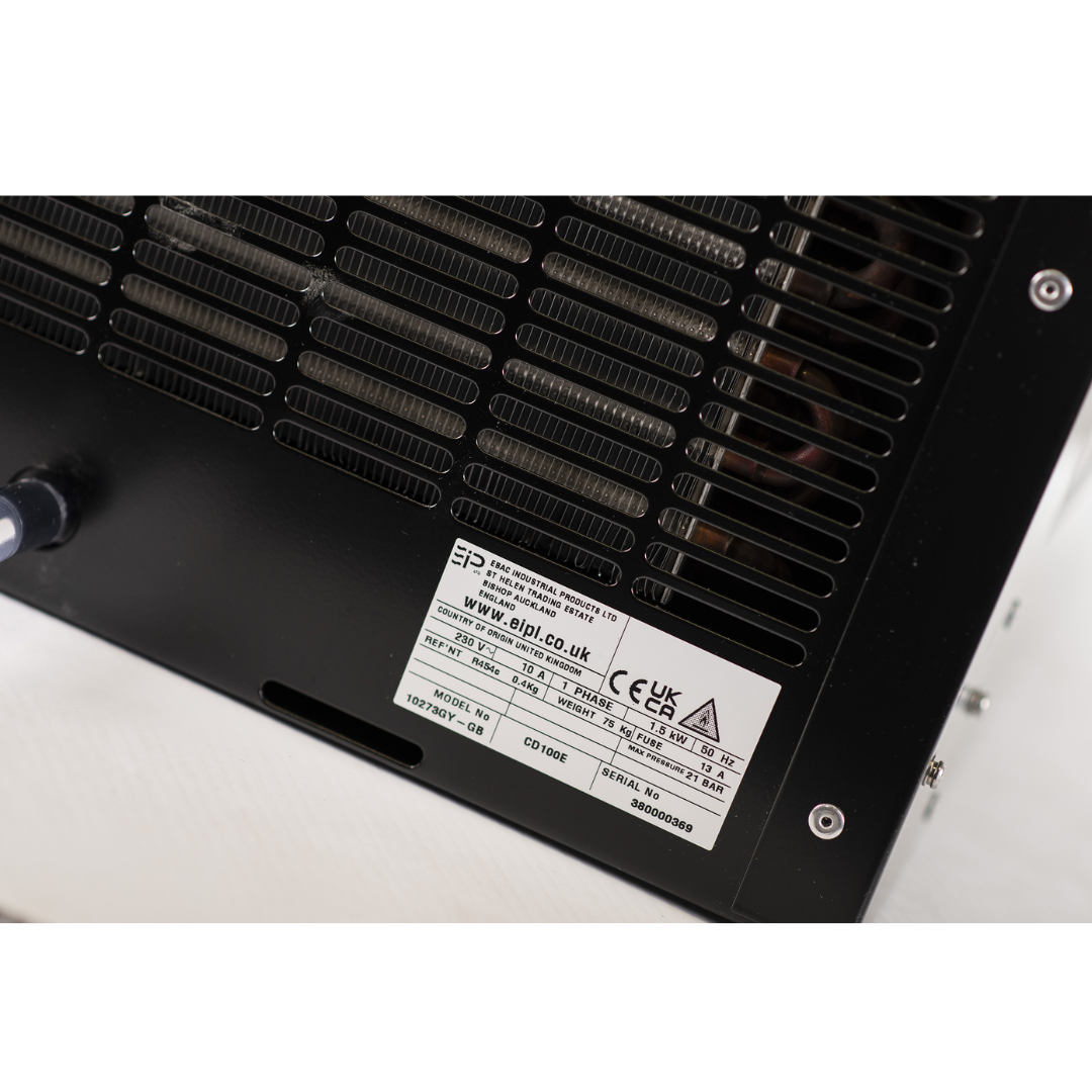 Ebac CD100E Dehumidifier 10273GY-US heavy-duty dehumidifier rear ventilation panel with identification plate