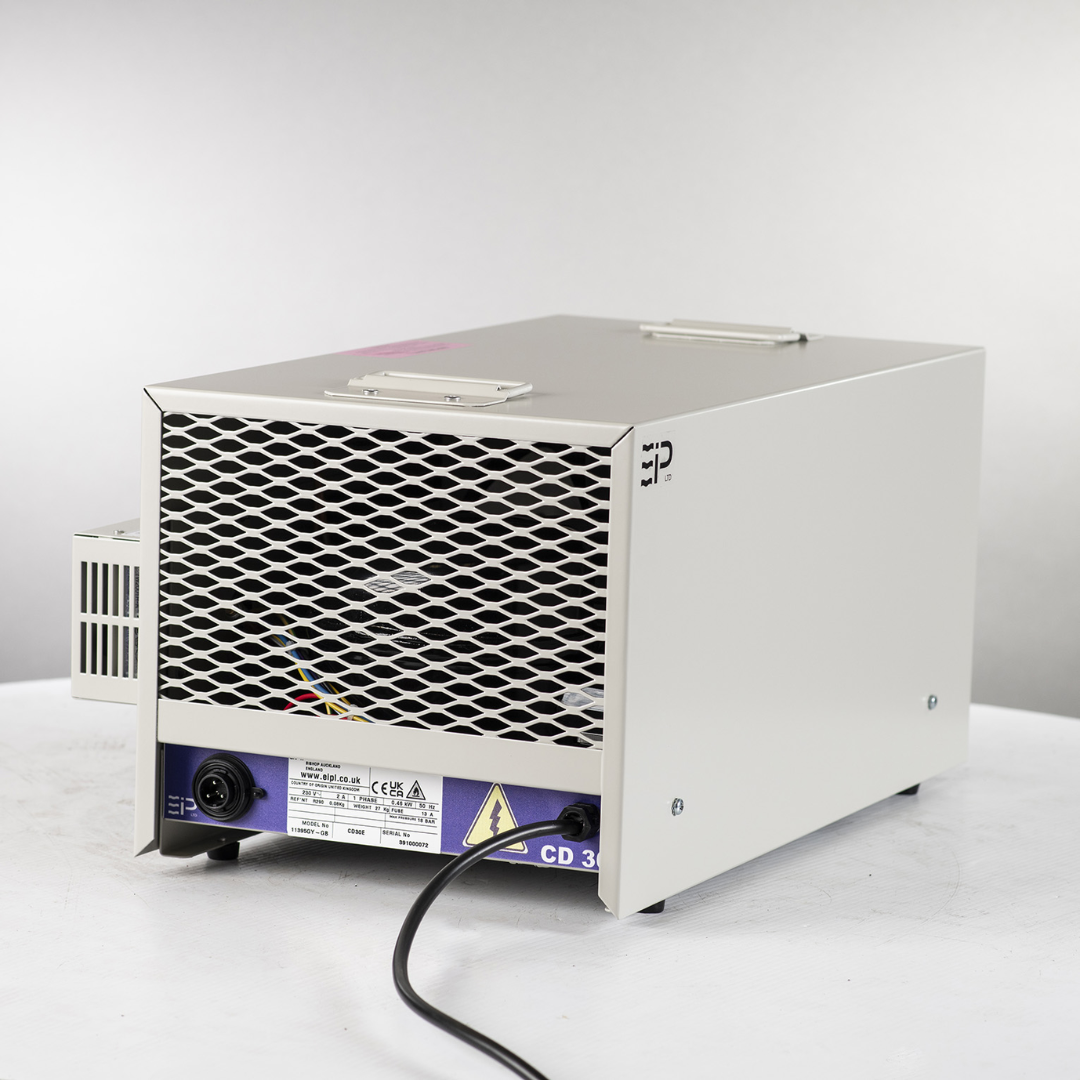 Ebac CD30-SE Dehumidifier 11420GS-US commercial dehumidifier angled side view with ventilation grille and power connection