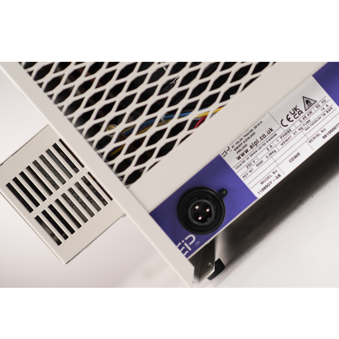 Ebac CD30-SE Dehumidifier 11420GS-US industrial dehumidifier close-up of rear panel, cooling vents, and power interface
