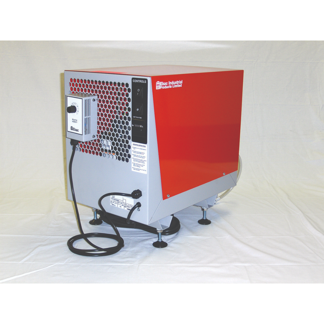 Ebac CD60 Dehumidifier 11264FR-US industrial dehumidifier front angle view with external humidistat control, ventilation grille, and heavy-duty steel housing