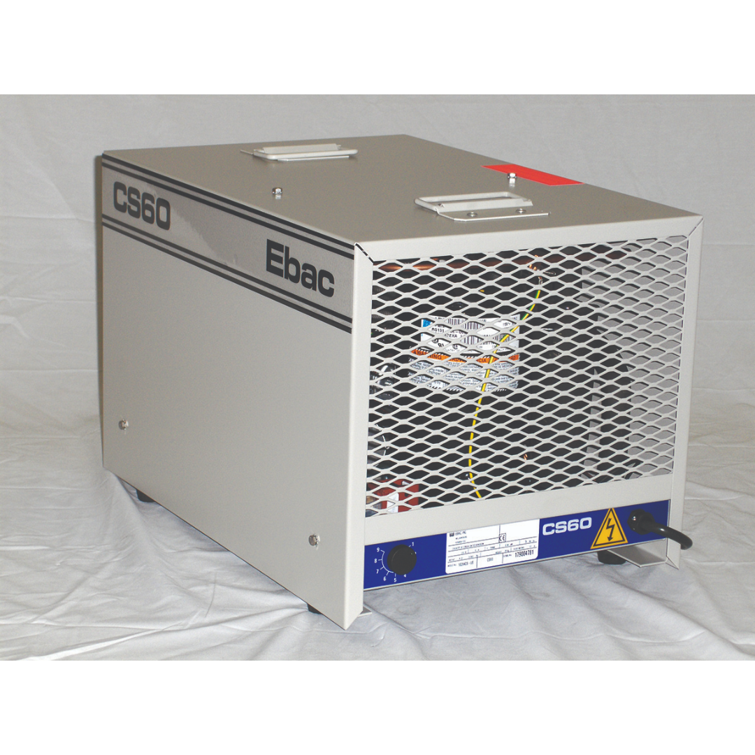Ebac CS60 Dehumidifier 11264CS-US industrial static dehumidifier front angle view with heavy-duty steel housing and protective air intake grille