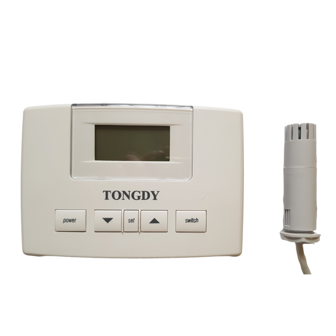 Front panel of the Ebac Digital Humidistat Ext Sensor 3035162 featuring LCD display and push-button controls for setting and adjusting humidity levels

External humidity sensor probe included with the Ebac Digital Humidistat Ext Sensor 3035162 designed for accurate remote humidity monitoring.

Compact wall-mounted enclosure of the Ebac Digital Humidistat Ext Sensor 3035162 designed for reliable humidity regulation in controlled environments.