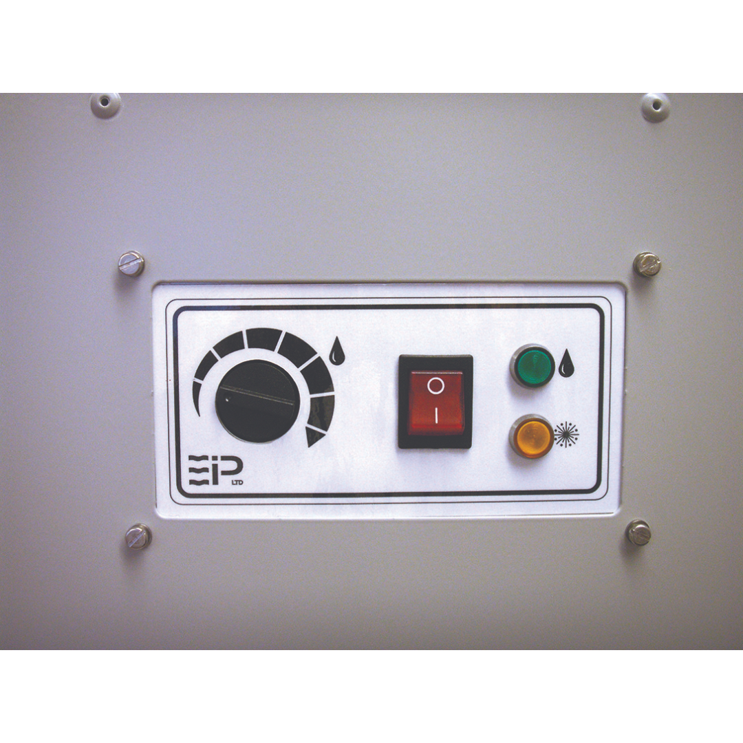 Ebac Freestar Dehumidifier 10283GR-US commercial dehumidifier control panel with humidistat dial, power switch, and status indicators