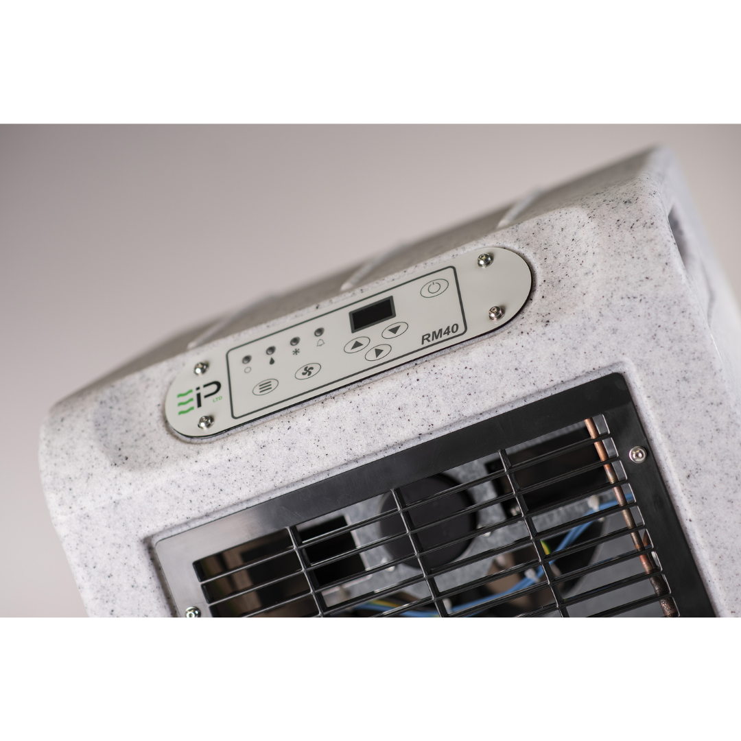 Ebac RM40 Dehumidifier 11186MB-US industrial dehumidifier close-up of digital control panel and air outlet vents
