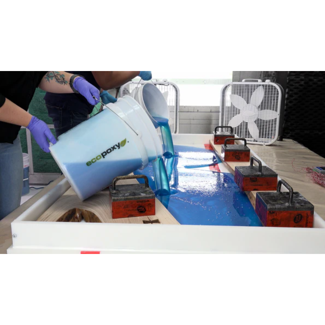 Ecopoxy EcoPoxy 19L Pour Pail White EPPRP19-WH workshop setup showing multiple pails used for batch mixing epoxy materials.