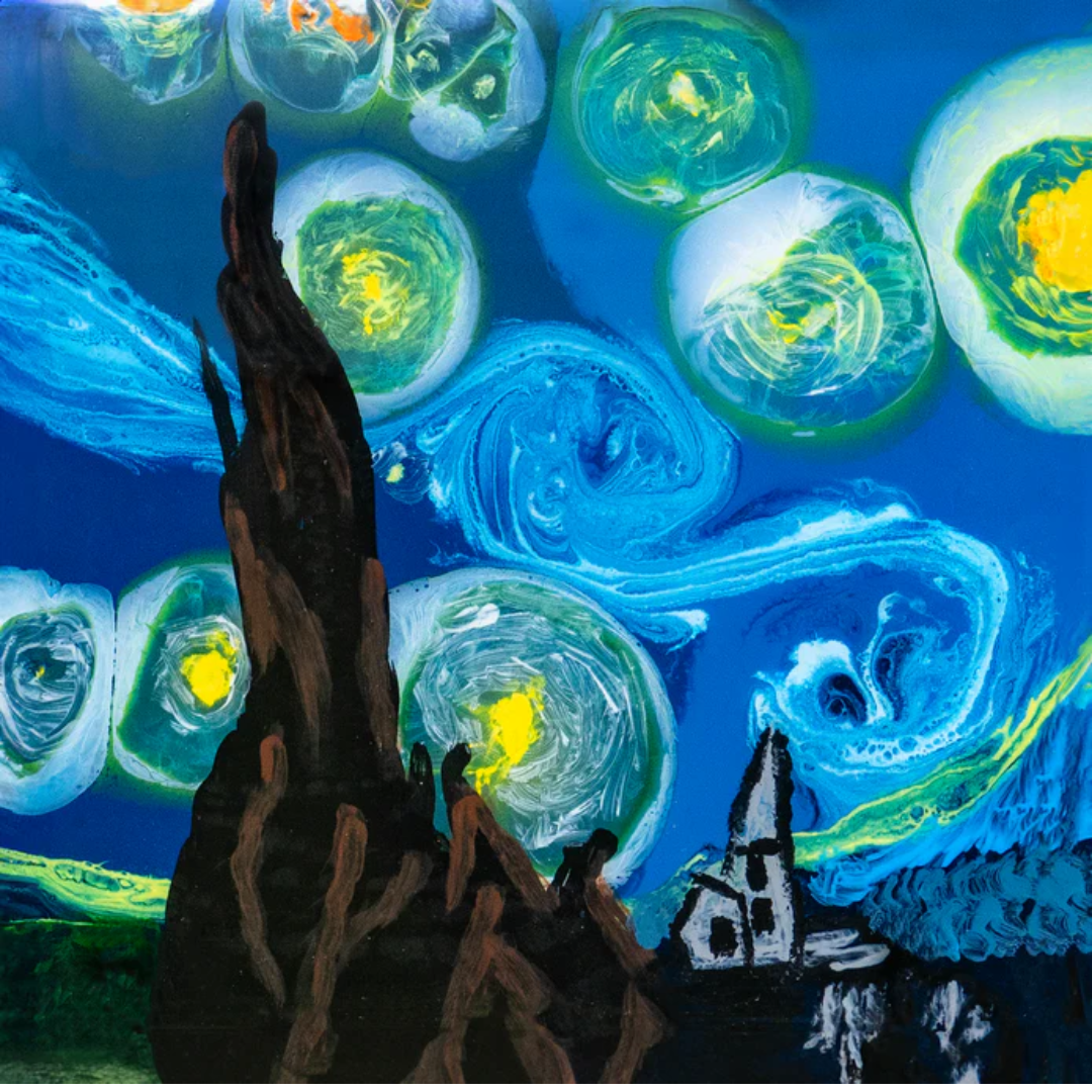 Ecopoxy Liquid Color Pigments creating abstract resin art with vivid color blending and depth.
