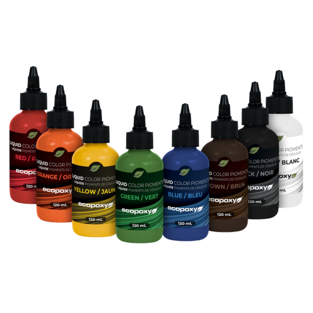 Ecopoxy Liquid Color Pigments full collection set displaying a wide range of available colors.