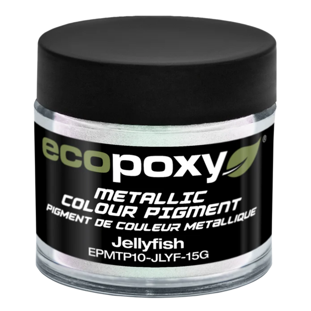 Ecopoxy Metallic Color Pigments being poured into resin mixture to create dynamic swirling effects.