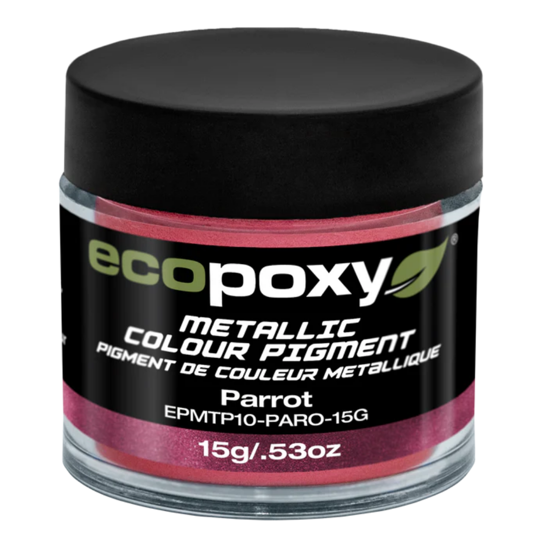 Ecopoxy Metallic Color Pigments used in creative epoxy projects showcasing vibrant metallic effects and custom finishes.
