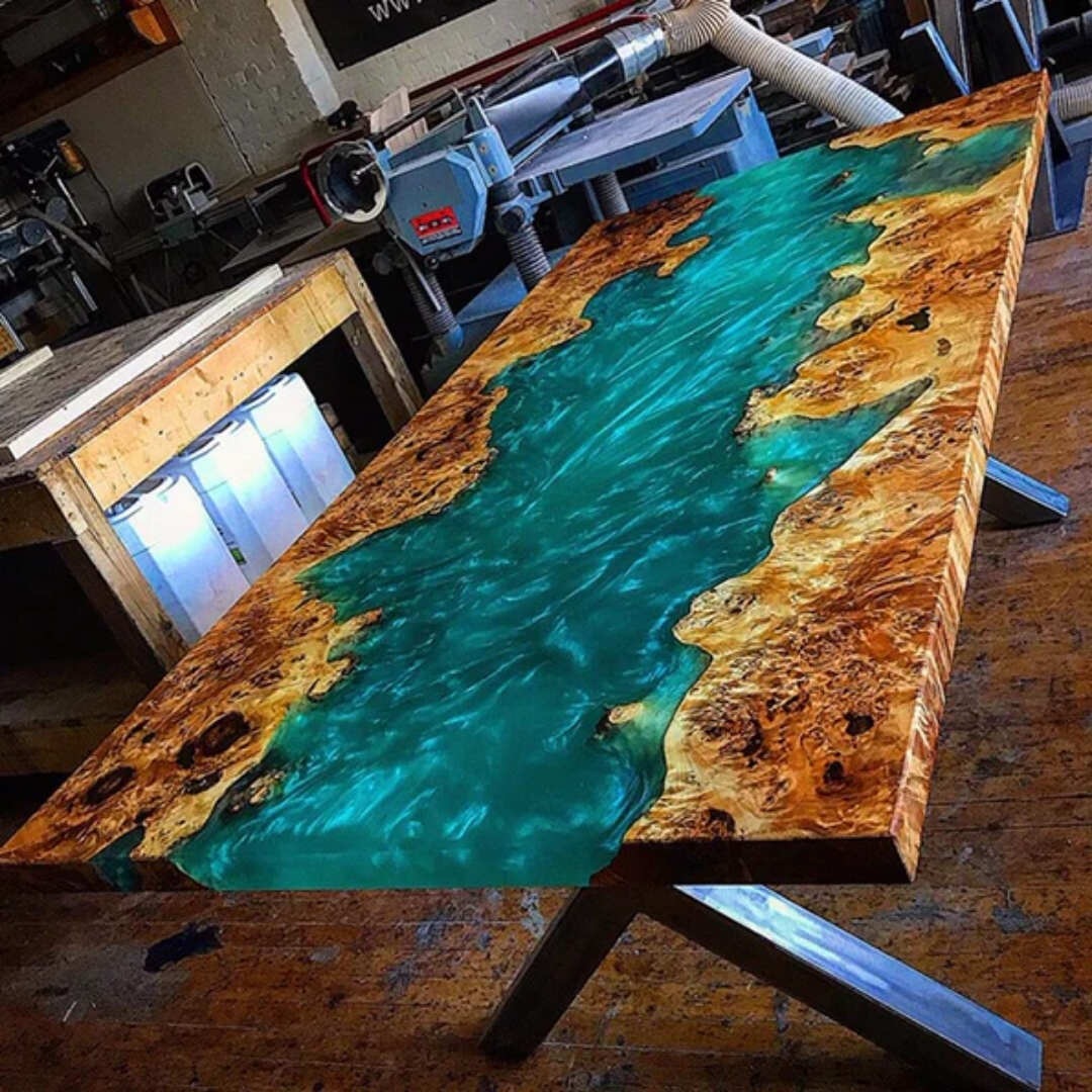 Ecopoxy Metallic Color Pigments used in creative epoxy projects showcasing vibrant metallic effects and custom finishes.